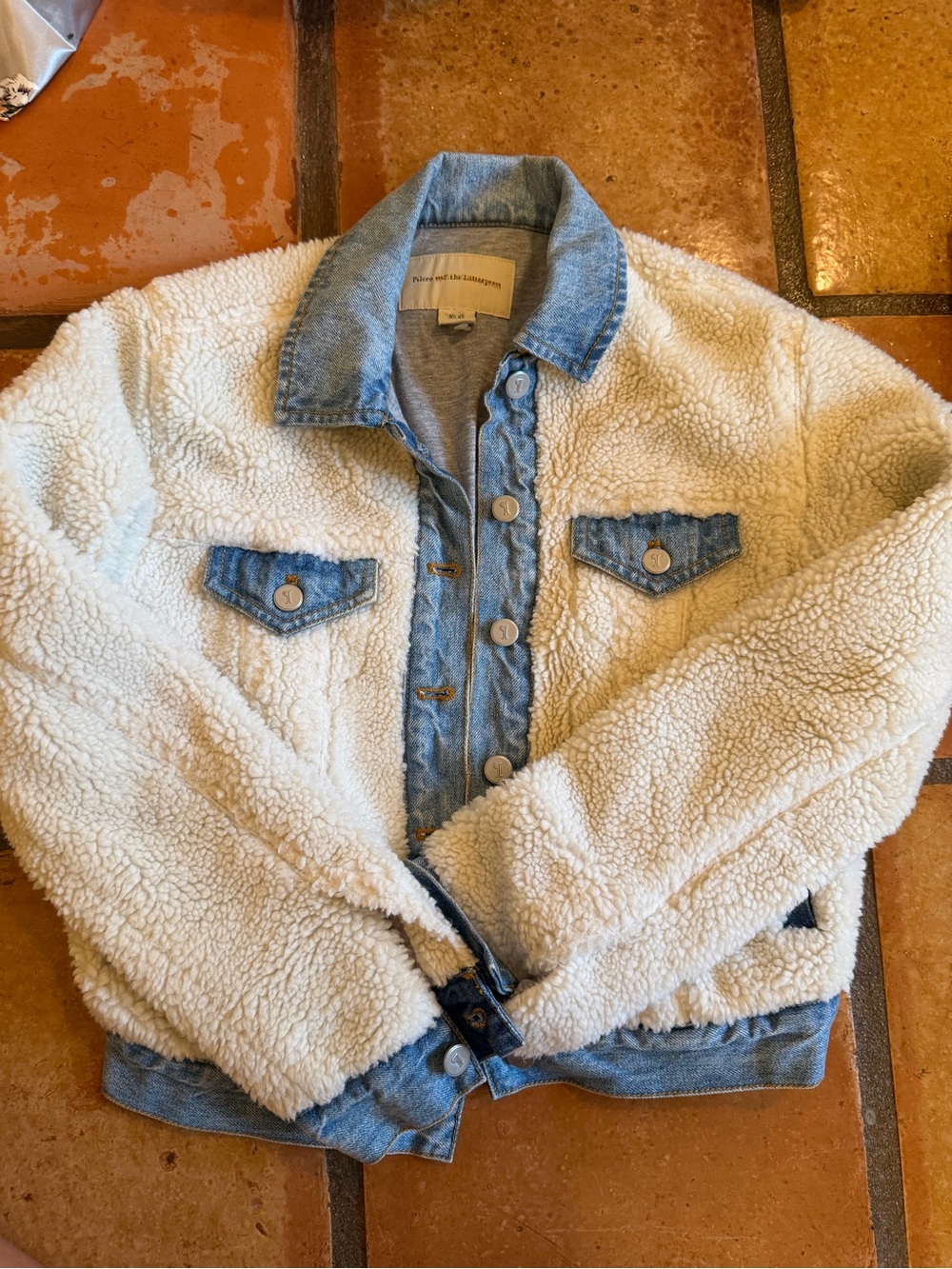 Denim-Trim Cream Sherpa Jacket - Women